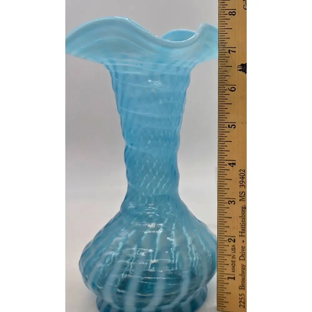 VINTAGE FENTON BLUE OPAL SWIRL OPTIC VASE 8